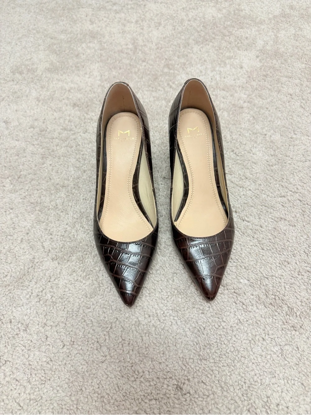 Marc Fisher Croc-Embossed Pointed Toe Pumps in Dark Brown